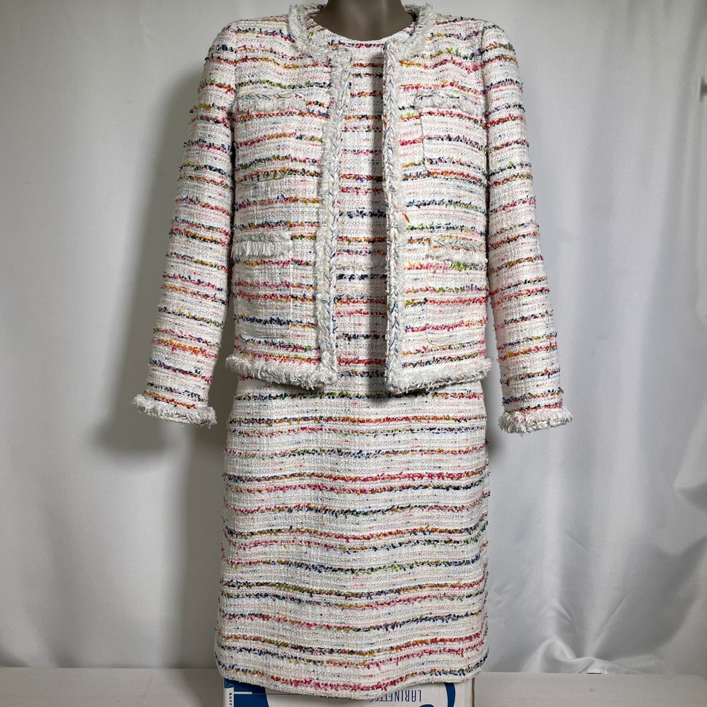 J.Crew Rainbow Multicolor Striped Tweed 2 Piece Set Dress Jacket Suit Womens 4-6